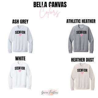 Bella Canvas color chart for the Senior 2027 pink bow design showing Ash Grey, Athletic Heather, White, and Heather Dust crewnecks