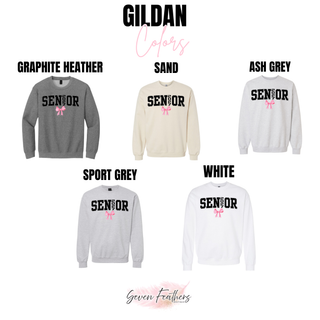 Gildan color chart for the Senior 2027 pink bow design showing Graphite Heather, Sand, Ash Grey, Sport Grey, and White crewnecks