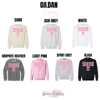 Gildan color chart for the Senior 2027 Pink Varsity Bow Top in sand, ash grey, white, graphite heather, light pink, sport grey, and black