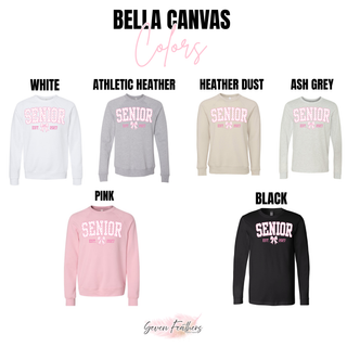 Bella Canvas color chart for the Senior Est. 2027 Pink Bow Top in white, athletic heather, heather dust, ash grey, pink, and black