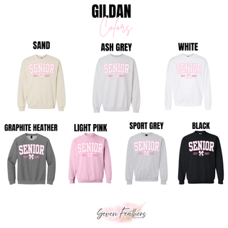 Gildan color chart for the Senior Est. 2027 Pink Bow Top in sand, ash grey, white, graphite heather, light pink, sport grey, and black