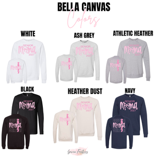 Bella Canvas color chart for the Senior Mama 2027 Bow design in White, Ash Grey, Athletic Heather, Black, Heather Dust, and Navy