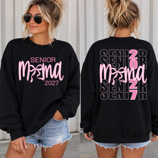 Black crewneck sweatshirt on a model, front with SENIOR Mama 2027 in pink script with a bow and back with stacked outline SENIOR, pink 2027 and Mama with a bow