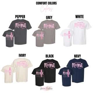 Comfort Colors tee color chart for the Senior Mama 2027 Bow design in Pepper, Grey, White, Ivory, Black, and Navy
