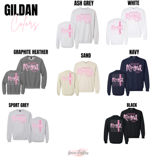 Gildan crewneck color chart for the Senior Mama 2027 Bow design in Ash Grey, White, Graphite Heather, Sand, Navy, Sport Grey, and Black