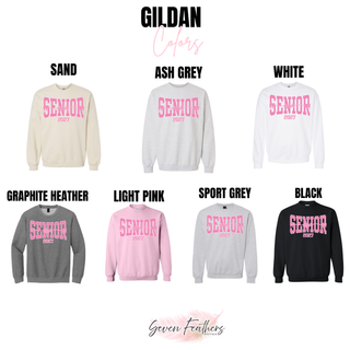 Gildan color chart for the Senior Mom 2027 pink design showing Sand, Ash Grey, White, Graphite Heather, Light Pink, Sport Grey, and Black crewnecks