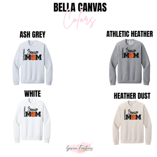Bella Canvas color chart for the Senior Mom basketball design showing Ash Grey, Athletic Heather, White, and Heather Dust crewnecks