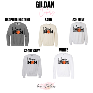 Gildan color chart for the Senior Mom basketball design showing Graphite Heather, Sand, Ash Grey, Sport Grey, and White crewnecks