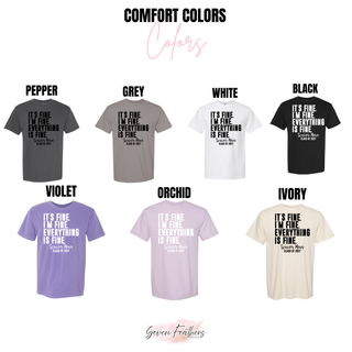 Comfort Colors color chart showing the Senior Mom It's Fine Class of 2027 design on tees in Pepper, Grey, White, Black, Violet, Orchid, and Ivory