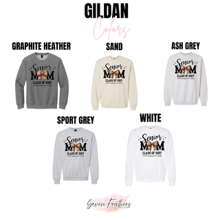 Gildan color chart showing the Senior Mom Class of 2027 leopard bow design in graphite heather, sand, ash grey, sport grey, and white
