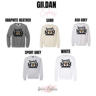 Gildan color chart for the Senior Mom leopard heart Class of 2027 design showing Graphite Heather, Sand, Ash Grey, Sport Grey, and White crewnecks