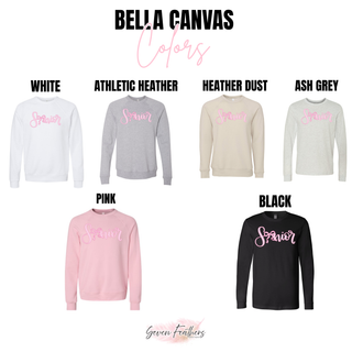 Bella Canvas color chart for the Senior Pink Bow Script Top