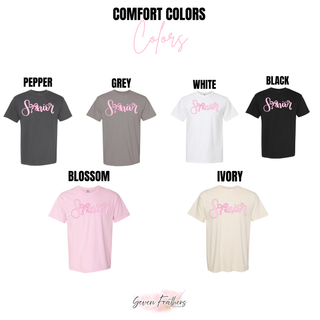 Comfort Colors color chart for the Senior Pink Bow Script Top