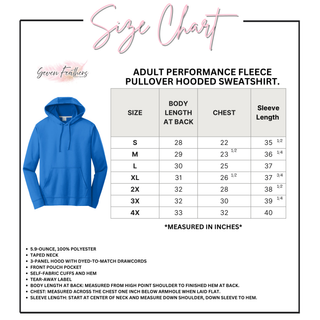 Adult Performance Fleece Pullover Hooded Sweatshirt size chart