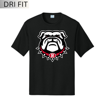 Black Dri-Fit Performance Top with Bulldawg Rossville mascot logo on front. White bulldog head with red spiked collar and R emblem. Port & Company style