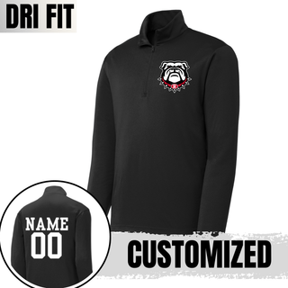 Black Dri-Fit Performance Quarter Zip with Bulldawg Rossville Spirit mascot logo on front. Back shows customizable NAME and 00 in white. CUSTOMIZED text overlay