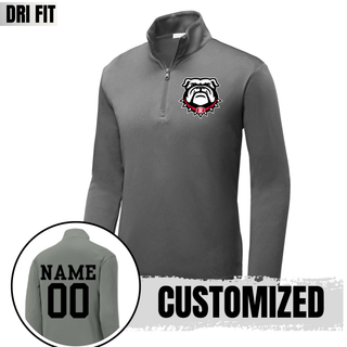 Grey Dri-Fit Performance Quarter Zip with Bulldawg Rossville Spirit mascot logo on front. Back shows customizable NAME and 00 in black. CUSTOMIZED text overlay