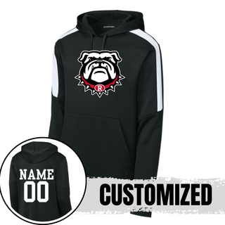 Black and White Fan Favorite Hoodie with Bulldawg Rossville Spirit mascot logo on front. Back shows customizable NAME and 00 in white. CUSTOMIZED text overlay