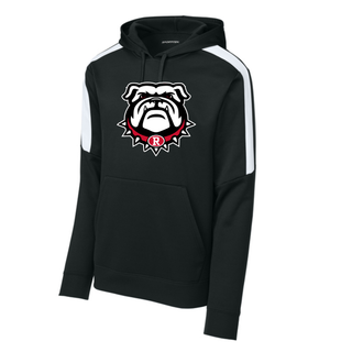 Black and White Fan Favorite Hoodie with Bulldawg Rossville Spirit mascot logo on front. White bulldog head with red spiked collar and R emblem. Colorblock shoulder panels. Sport-Tek brand