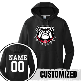Black Performance Hoodie with Bulldawg Rossville Spirit mascot logo on front. Back shows customizable NAME and 00 in white. CUSTOMIZED text overlay