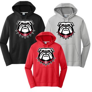 Black, Silver, and Red Performance Hoodies with Bulldawg Rossville Spirit mascot logo on front. White bulldog head with red spiked collar and R emblem. Front pouch pocket