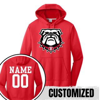 Red Performance Hoodie with Bulldawg Rossville Spirit mascot logo on front. Back shows customizable NAME and 00 in white. CUSTOMIZED text overlay