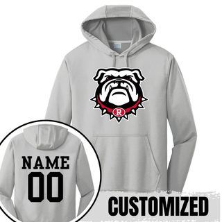 Silver Performance Hoodie with Bulldawg Rossville Spirit mascot logo on front. Back shows customizable NAME and 00 in black. CUSTOMIZED text overlay