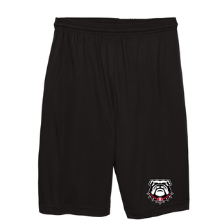 Black Performance Shorts with Bulldawg Rossville Spirit mascot logo on left leg. White bulldog head with red spiked collar and R emblem. Moisture-wicking athletic shorts