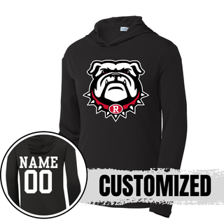 Black PosiCharge Competitor Hoodie with Bulldawg Rossville Spirit mascot logo on front. Back shows customizable NAME and 00 in white. CUSTOMIZED text overlay