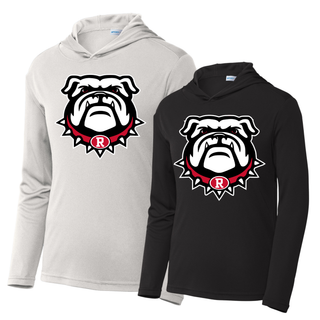 Silver and Black PosiCharge Competitor Pullover Hoodies with Bulldawg Rossville Spirit mascot logo on front. White bulldog head with red spiked collar and R emblem. Sport-Tek brand