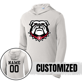 Silver PosiCharge Competitor Hoodie with Bulldawg Rossville Spirit mascot logo on front. Back shows customizable NAME and 00 in black. CUSTOMIZED text overlay
