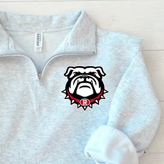 Ash Grey Quarter-Zip Pullover with Bulldawg Rossville Spirit mascot logo on left chest. White bulldog head with red spiked collar and R emblem. Jerzees brand