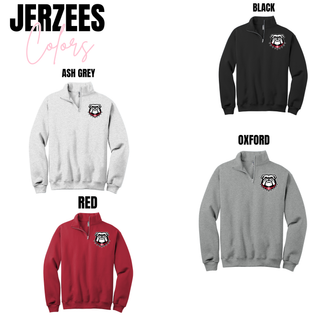 Jerzees Quarter-Zip Pullover color chart for Bulldawg Rossville Spirit design. Shows Ash Grey, Black, Red, and Oxford with bulldog R logo on front