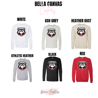 Bella Canvas spirit top color chart for Bulldawg Rossville mascot design. Shows White, Ash Grey, Heather Dust, Athletic Heather, Black, and Red