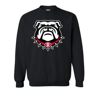 Black spirit top with Bulldawg Rossville mascot logo on front. White bulldog head with red spiked collar and R emblem. Gildan crewneck sweatshirt style