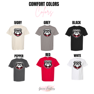 Comfort Colors spirit top color chart for Bulldawg Rossville mascot design. Shows Ivory, Grey, Black, Pepper, Red, and White