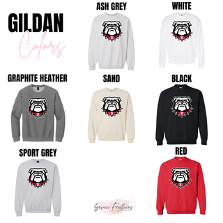Gildan spirit top color chart for Bulldawg Rossville mascot design. Shows Ash Grey, White, Graphite Heather, Sand, Black, Sport Grey, and Red
