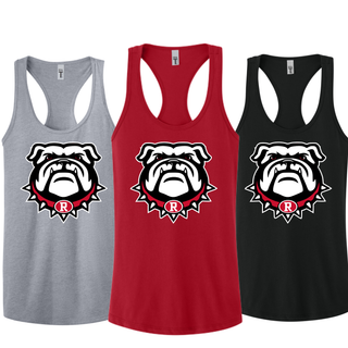 Heather Grey, Red, and Black Women's Racerback Tanks with Bulldawg Rossville Spirit mascot logo on front. White bulldog head with red spiked collar and R emblem. Next Level brand