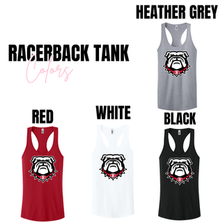 Racerback Tank color chart for Bulldawg Rossville Spirit design. Shows Heather Grey, Red, White, and Black with bulldog R logo on front
