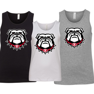 Black, White, and Athletic Heather Youth Jersey Tanks with Bulldawg Rossville Spirit mascot logo on front. White bulldog head with red spiked collar and R emblem. Bella Canvas brand