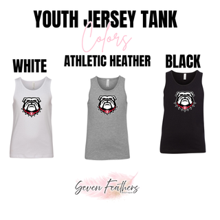 Youth Jersey Tank color chart for Bulldawg Rossville Spirit design. Shows White, Athletic Heather, and Black with bulldog R logo on front