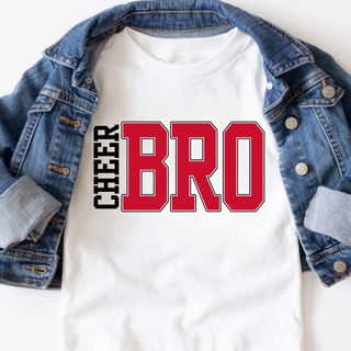 Cheer Bro Stack Top White with black CHEER vertical text red varsity BRO lettering cheer brother shirt