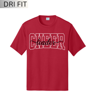 Red Dri-Fit Performance Top with CHEER leader spirit design. CHEER in white varsity outline letters with leader in black script on front. Moisture-wicking 100% polyester