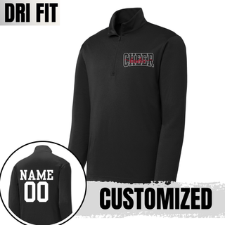 Black Dri-Fit Performance Quarter Zip with CHEER leader spirit design on front. CHEER in white outline with leader in red script. Back shows customizable NAME and 00 in white. CUSTOMIZED text overlay