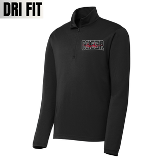 Black Dri-Fit Performance Quarter Zip with CHEER leader spirit design on left chest. CHEER in white varsity outline with leader in red script. Quarter zip collar