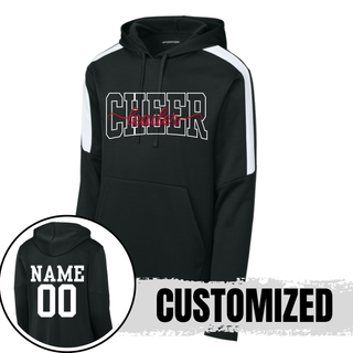 Black Fan Favorite Hoodie with white shoulder stripe. CHEER leader spirit design on front. Back shows customizable NAME and 00 in white. CUSTOMIZED text overlay