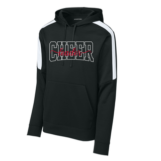Black Fan Favorite Hoodie with white shoulder stripe. CHEER leader spirit design on front. CHEER in white varsity outline with leader in red script. Front pouch pocket
