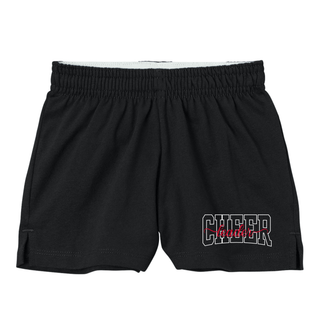 Black Jersey Knit Squad Shorts with CHEER leader spirit design on left leg. CHEER in white varsity outline with leader in red script. Flat lay with elastic waistband and side slit