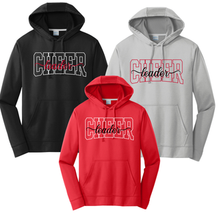 Performance Hoodie color grid for Cheer Leader Spirit design. Shows Black, Silver, and Red hoodies with CHEER leader logo on front. Black hoodie has white CHEER outline with red leader script. Silver has red outline with black script. Red has white outline with black script