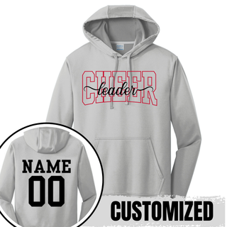 Silver Performance Hoodie with CHEER leader spirit design on front. Red CHEER outline with black leader script. Back shows customizable NAME and 00 in black. CUSTOMIZED text overlay